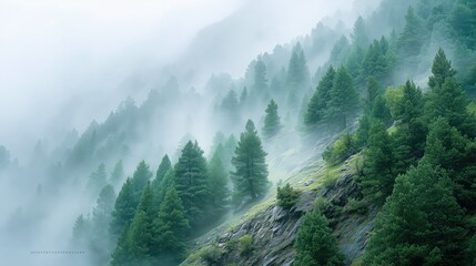 Serene misty forest landscape showcasing towering evergreens enveloped in fog, conveying tranquility and nature's beauty.