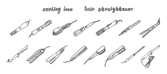 Set of hairdresser tools. Hair straightener, flat iron, curling iron, curling wand. Stylist. Beauty salon. Hand drawn