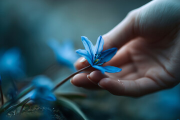 Hand gently holds a blue Scilla flower in a garden setting. A close-up shot of a tender moment with nature. . Spring awakening, floral beauty, natural elegance.