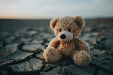 Teddy bear sitting on dry, cracked earth at dusk. A lonely, evocative portrait of isolation and loss. Childhood memories, environmental concern, arid landscape.