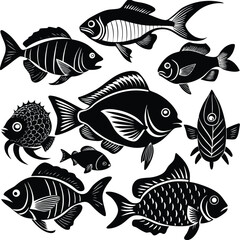Fototapeta premium Various fish species, diverse aquatic life, underwater world, isolated fish collection, different types of fish