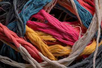 Close-up of colorful yarn threads intertwined, creating a vibrant pattern.. An abstract macro photograph with textures and hues.. Textile industry, crafting supplies, fiber art.