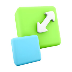 A 3D graphic representation of two colored blocks, one green with an arrow indicating resizing, and one blue.