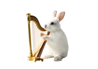 A White Rabbit Playing a Golden Harp isolated on transparent background