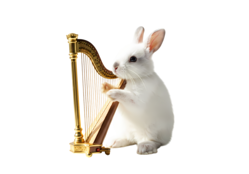 A White Rabbit Playing a Golden Harp isolated on transparent background