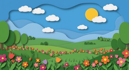 Cheerful Paper-Cut Spring Landscape: Sunny Hills, Blooming Flowers, and Blue Sky