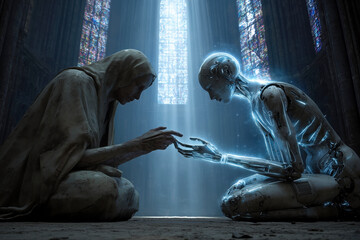 Humanoid and robot touching hands in cathedral. Evocative scene symbolizing unity and future. Artificial intelligence, transhumanism, technological innovation.