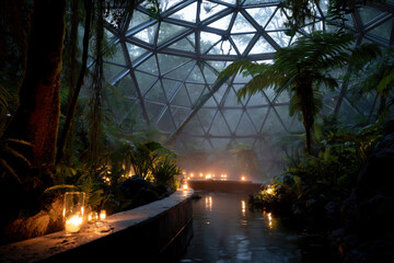 Indoor tropical garden with pond and candles in geodesic dome. A mystical scene of tranquility and ambiance. Serene escape, botanical haven, architectural marvel.