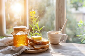 Healthy breakfast with honey, toast and butter near window during sunrise