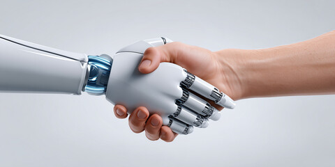 Ai robot shaking hands with human isolated on white background. Ai hand hand and human hand handshaking on white background