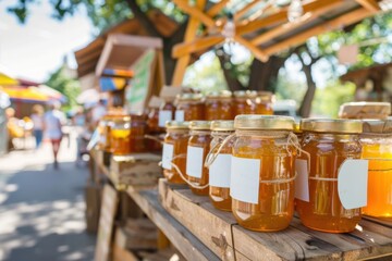 Jars of honey on display at a farmers market are waiting for customers