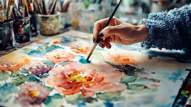 Artist painting vibrant floral watercolor