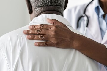 Doctor comforting patient by placing reassuring hand on his shoulder