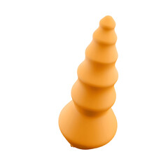 A stylized orange cone-shaped object featuring a series of stacked, rounded tiers.