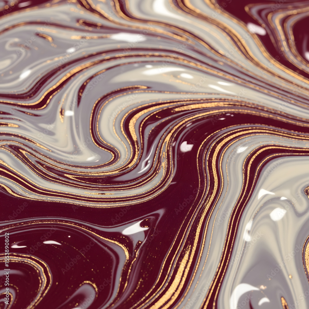Poster an abstract pattern of swirling maroon, white, and grey liquid is laced with shimmering gold lines, 