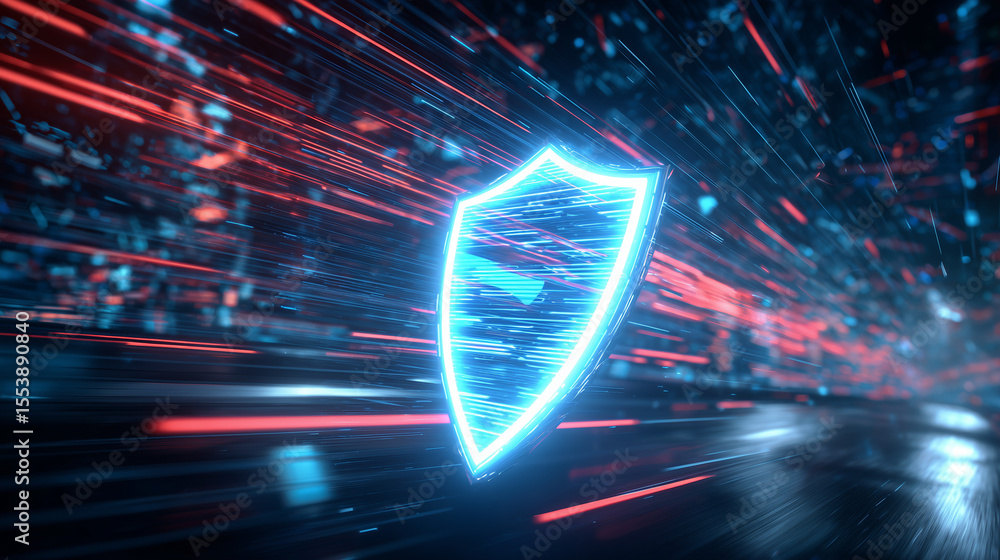 Poster glowing blue shield symbol protected by fast moving digital data streams