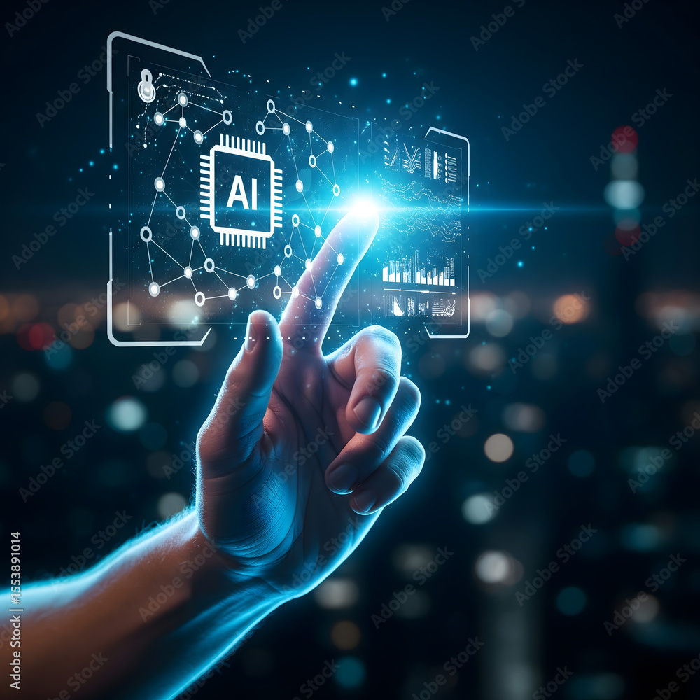 Poster a glowing human hand interacts with a holographic interface displaying an ai chip and interconnected