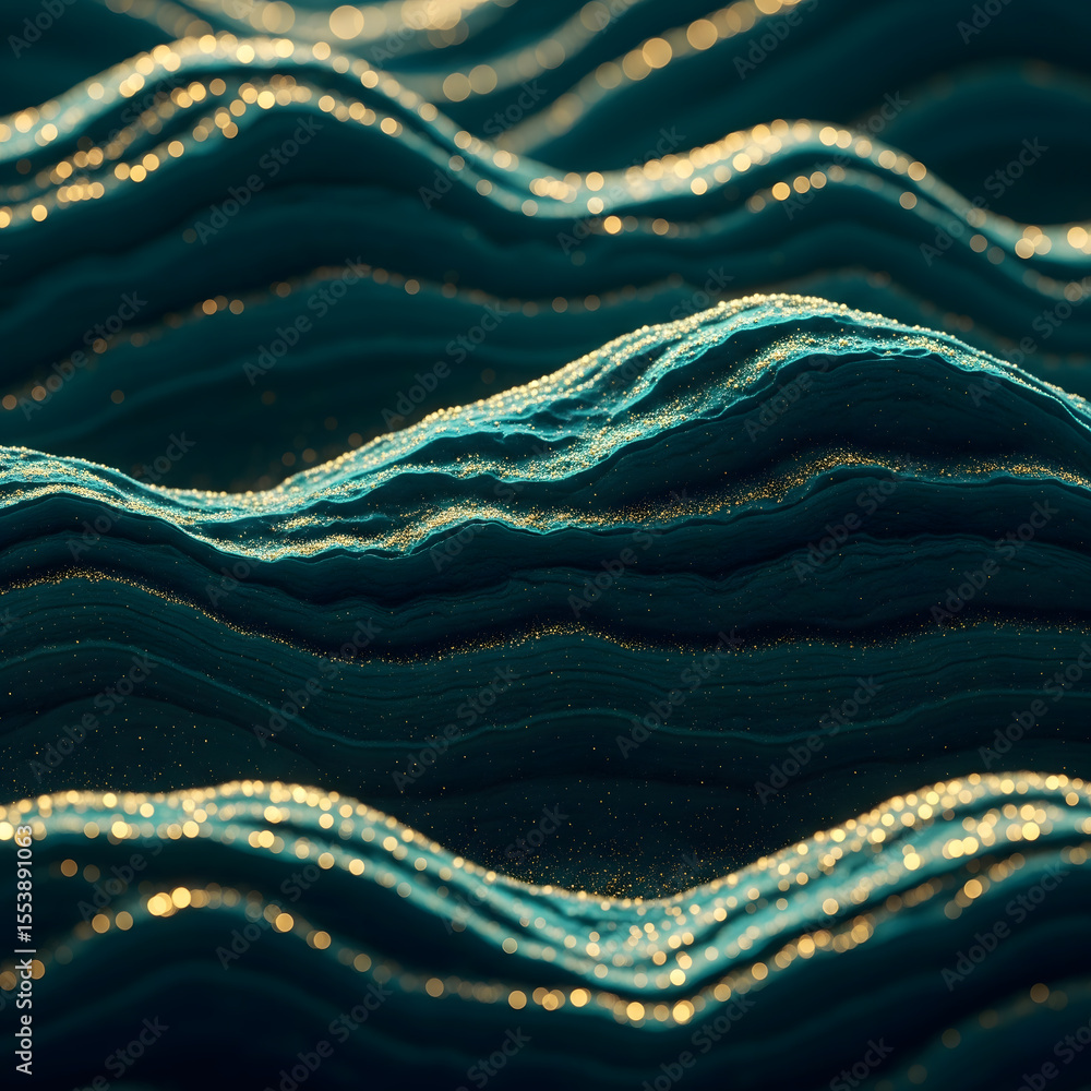 Poster an abstract visual of undulating deep teal waves, textured with sparkling golden particles, creating