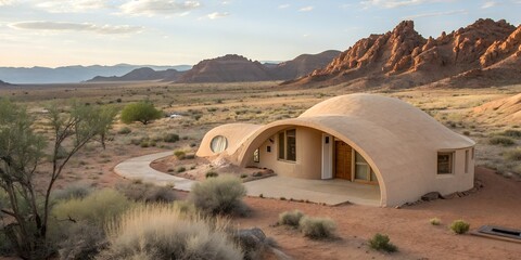 3D-printed earth home with organic curves, desert background, sustainable future living