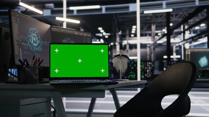 Isolated screen laptop in server farm monitoring artificial intelligence visualizing neural...