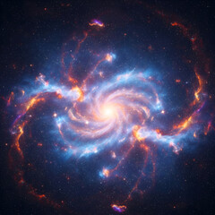 A breathtaking view of a swirling spiral galaxy, illuminated by brilliant blues and oranges, set against a star-filled dark cosmic backdrop