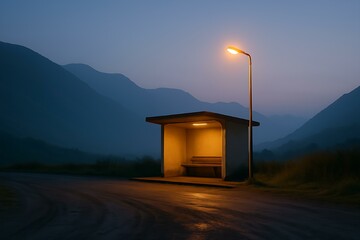 Mountain Village Bus Terminal at Dawn with a Single Lamp Still Glowing