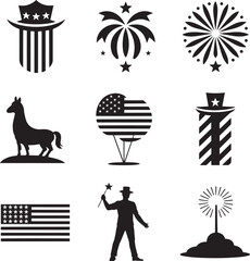American patriotic symbols including fireworks horse and man with hat flag