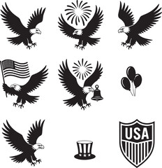 Black silhouette eagles holding American flag bell balloons Uncle Sam hat shield white background