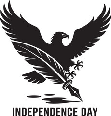 Black silhouette eagle holding quill pen writing Independence Day bird wings