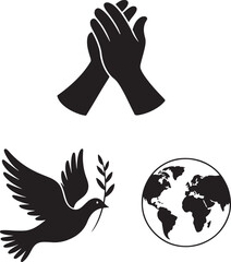 Black silhouette of clapping hands dove with olive branch and globe applause bird