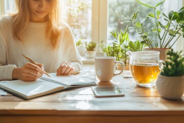 Woman writing in notebook enjoying morning tea at home