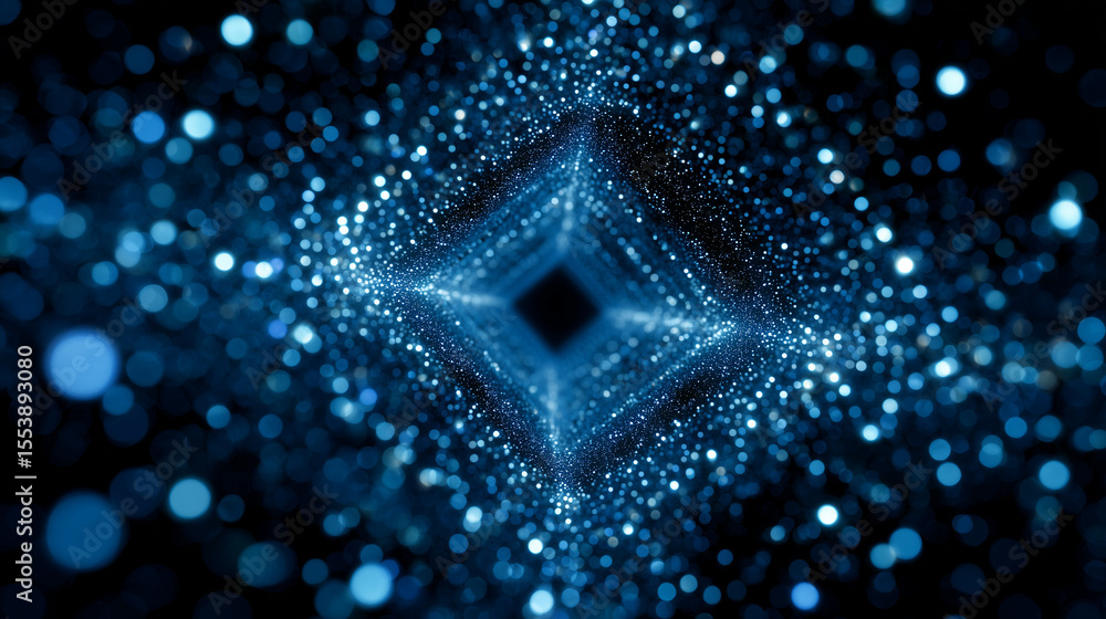 Poster abstract tunnel of shimmering blue particles and bokeh lights in motion
