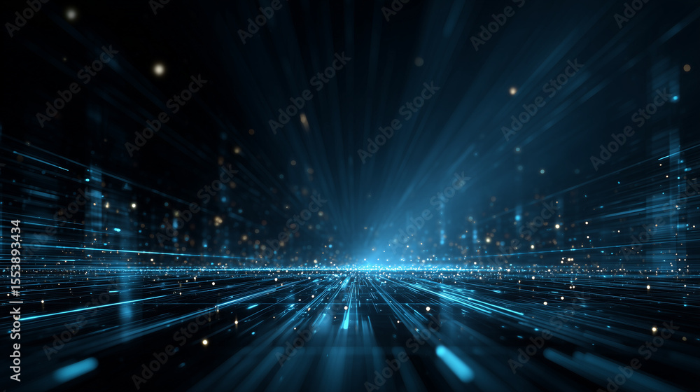 Poster abstract blue digital network with glowing lines and particles on a dark background