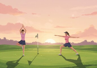 two women practicing yoga on a golf course at sunrise. peaceful outdoor exercise, balance and tranquility. fitness, sport, and healthy lifestyle. print design, fitness blog, wellness illustration