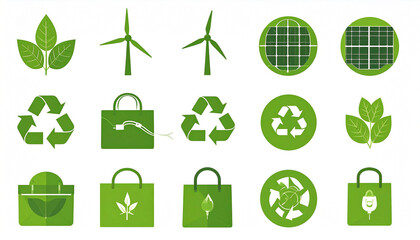 A collection of green icons representing environmental sustainability, renewable energy, and eco-friendly practices, including leaves, wind turbines, solar panels, and reusable shopping bags