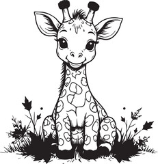 Adorable Baby Giraffe Illustration: A charming illustration of a baby giraffe, exuding sweetness and playfulness. This black-and-white artwork is perfect for various creative projects.