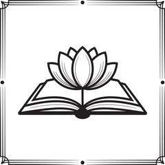 Open book with lotus flower growing from pages in decorative border bloom