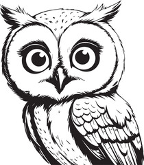 Wise Owl in Ink: A captivating illustration of a wise owl, meticulously rendered in stark black and white, its piercing eyes convey an air of knowledge and insight.