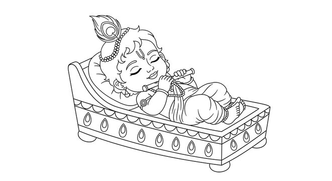 baby krishna playing flute, sleeping on bed clip art preview