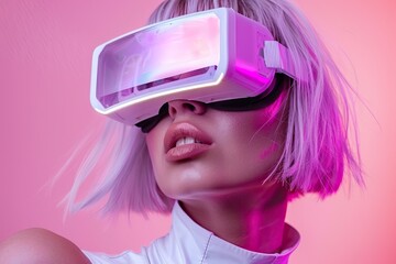 Woman wearing vr headset exploring virtual reality metaverse in futuristic pink environment