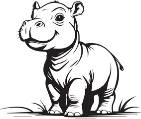 Smiling Hippo: A charming baby hippo with a playful expression, rendered in detailed line art, exudes an air of innocence, evoking a sense of joy and wonder.