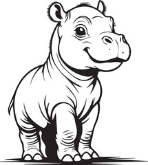 Smiling Baby Hippo in Line Art: A whimsical line art illustration showcases a charming baby hippo with a delightful smile, radiating a sense of joy and innocence.