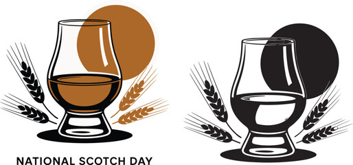 Scotch whisky glass with barley and abstract circle in brown and black grain