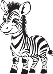 Playful Zebra Cub: A charming monochrome illustration of a cheerful baby zebra, brimming with character. Its striped coat and innocent eyes, embodying the pure essence of wildlife.