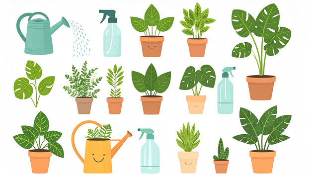 A cheerful collection of potted indoor plants, watering cans, and spray bottles, illustrated in a simplistic, cartoonish style with happy faces on some pots