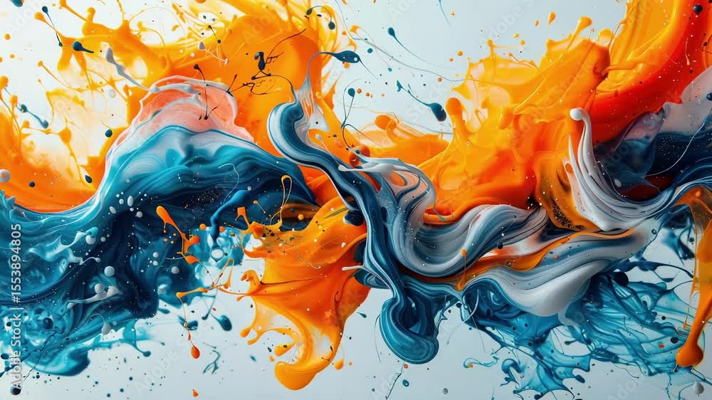 Poster vibrant orange and blue paint merging dynamically, swirling into mesmerizing abstract shapes with fl