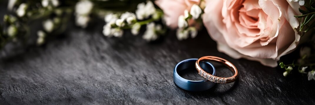 Wedding rings on a dark background.