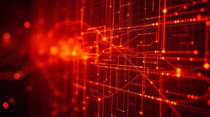 Obraz premium Digital Red Lines: a digital representation of interconnected data points and flowing lines, representing an abstract network of information and data streams. 