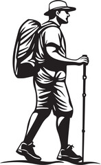 Hiker with Backpack: A strong hiker with a large backpack and walking stick confidently striding forward, representing adventure, exploration, and the spirit of the outdoors.