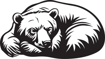 Resting Bear: A tranquil black and white illustration captures a serene brown bear in a peaceful slumber, its form curled in gentle repose.